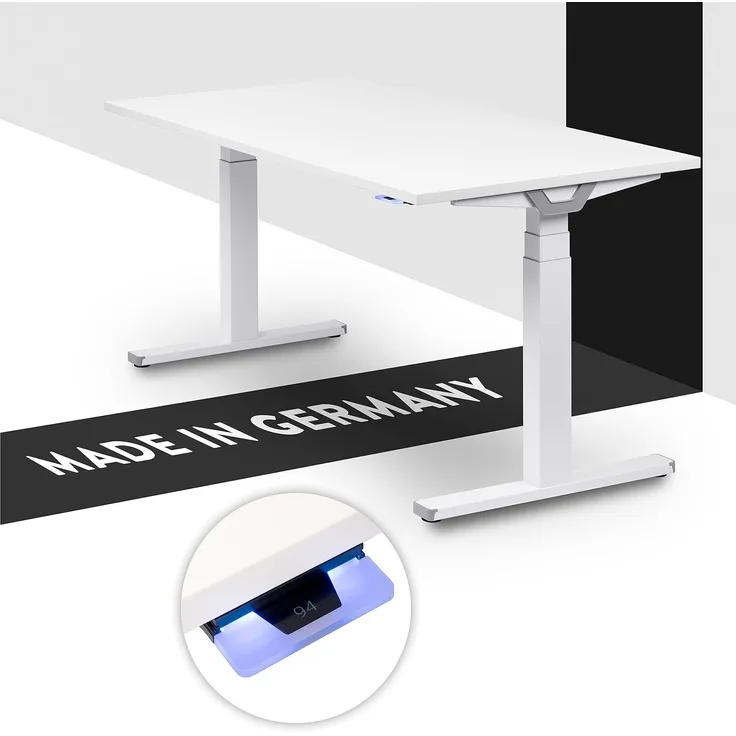 boho office® Premium Line - TÜV geprüfter, elektrisch stufenlos höhenverstellbarer Schreibtisch in Weiß (RAL9016), inkl. Tischplatte in 180x80 cm in Weiß (Melamin)