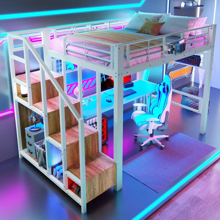 Merax Hochbett, Kinderbett 140×200cm, Jugendbett, mit LED-Lichtleiste, Treppenkonstruktionen mit Stauraum, Ohne Matratze, Weiß – Bild 3