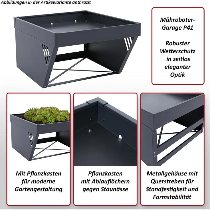 Mendler 'HWC-P41' Mähroboter-Garage mit Pflanzkasten, Edelstahl, 40x60x70 cm, Anthrazit – Bild 2