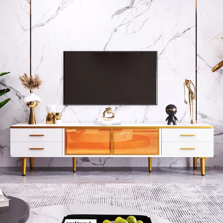 TV-Lowboard aus Spanplatte mit LED & Glasfront, 170x37x47,5 cm, Weiß