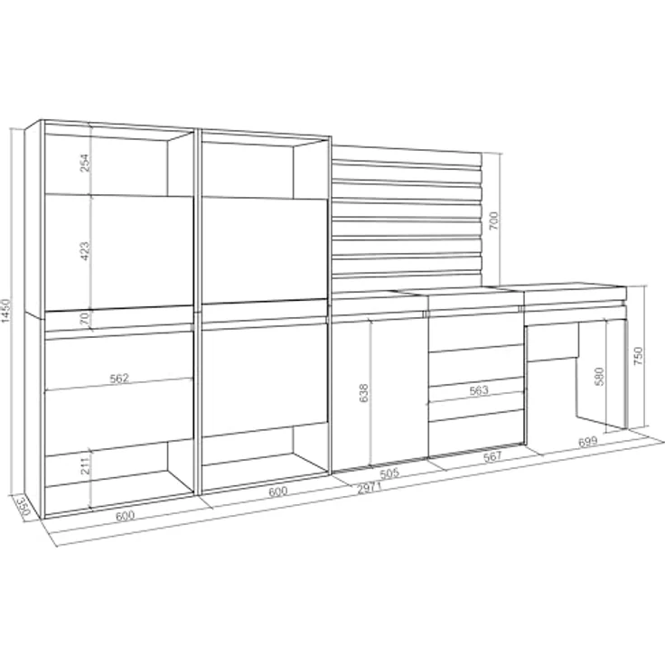 Skraut Home | Schuhregal, Schuhschrank | Schuhaufbewahrung | 297 x 145 x 35 cm | Für Schlafzimmer, Zimmer | Kommode mit Schubladen | Lamellenwand Holz | Schminktisch | Moderner Stil | Zement – Bild 3