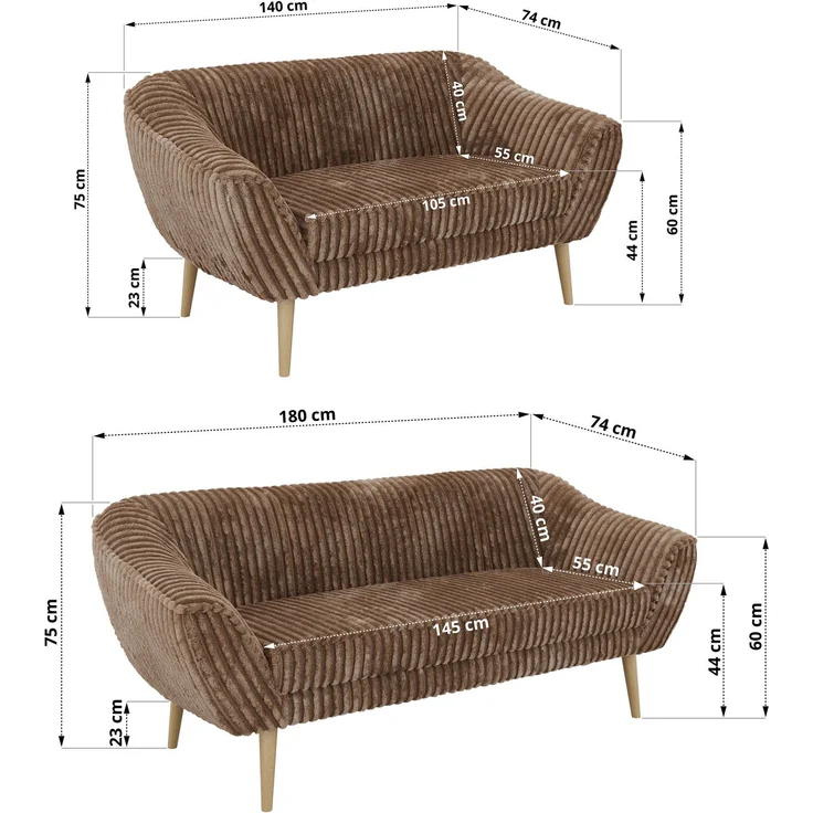 Skandinavisches Sofa Set PIRS 3-2, Komplettset, Wellenfederung, Buche Füße, Sitzgruppe, Polstermöbel Set - Braun Cord – Bild 5