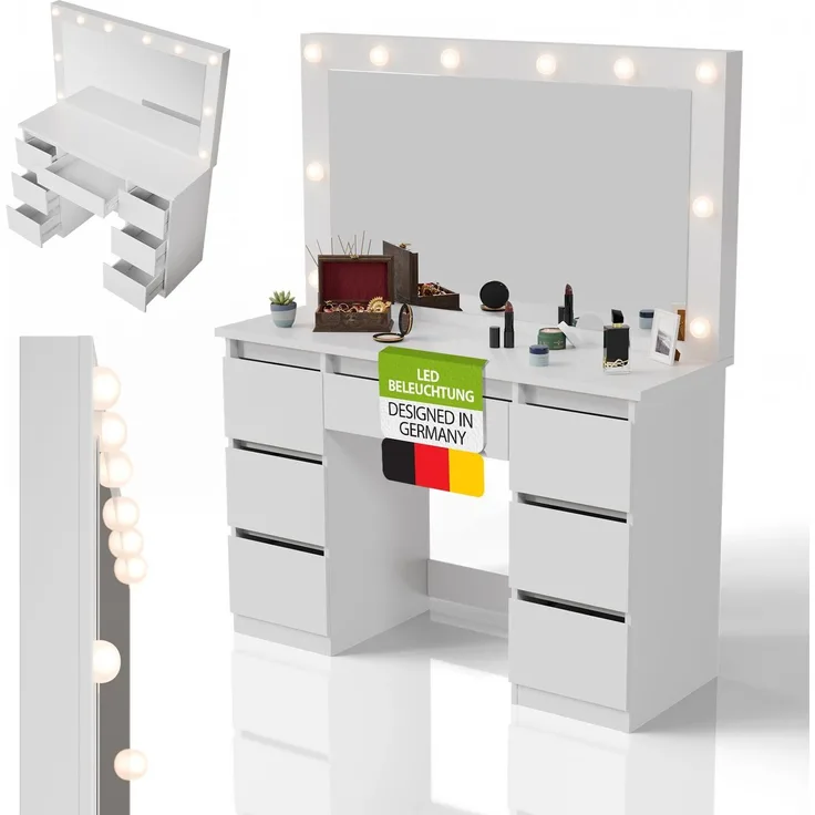 Juskys Schminktisch Lilia mit LED-Beleuchtung & Spiegel, 7 Schubladen, stufenlos dimmbar, 3 Farbtemperaturen, Stauraum, elegantes Design – Weiß