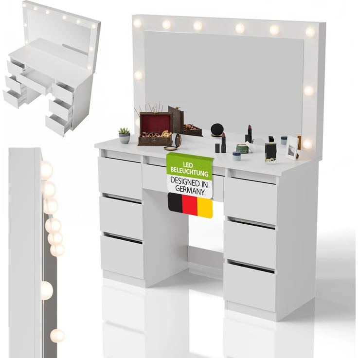 Juskys Schminktisch Lilia mit LED-Beleuchtung & Spiegel, 7 Schubladen, stufenlos dimmbar, 3 Farbtemperaturen, Stauraum, elegantes Design – Weiß