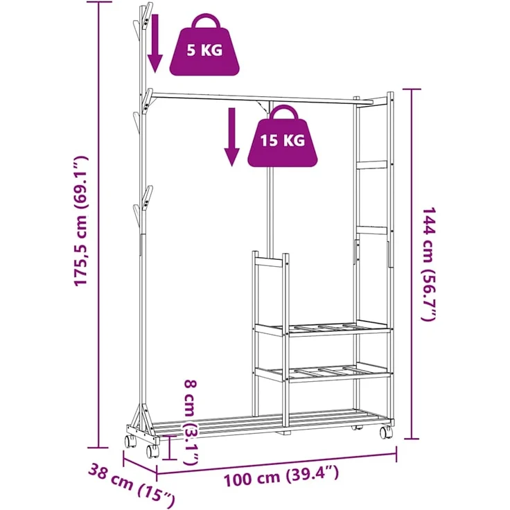 vidaXL Kleiderständer mit Ablagen und Rollen 100x38x175,5 cm Bambus 4008919 – Bild 8