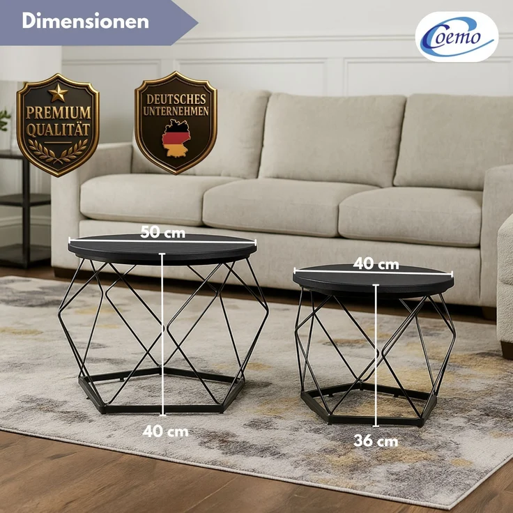 Coemo Couchtisch Duett 2-er Set stillvolle Metallbeine in Schwarz – Bild 4