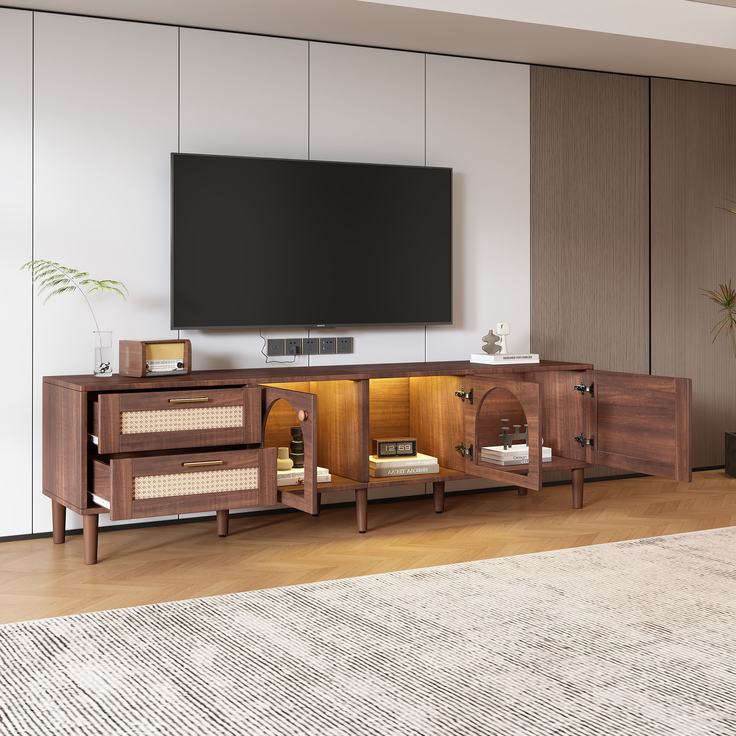 TV-Schrank, mit Rattan-Schubladen, 3 Türen, LED-Licht & höhenverstellbaren Füßen, 180x40x50 cm, Braun – Bild 4
