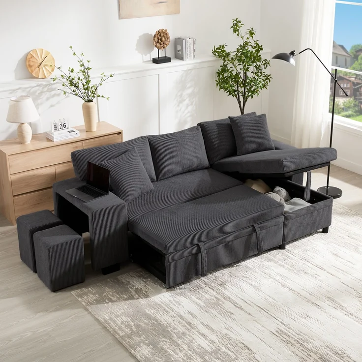 Schlafsofa 231×131,5×84 cm mit Schlaffunktion, Stauraum und USB/Typ-C Cordstoff Grau, modulare L‑Form – Bild 6