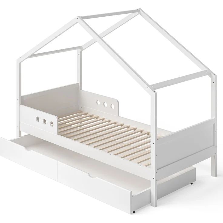 Bellabino 'Bela' Hausbett 90x200 cm mit Matratze und großer Schublade, weiß, Kiefer Massivholz, Montessori Kinderbett mit Stauraum, inkl. Rausfallschutz und Lattenrost – Bild 2