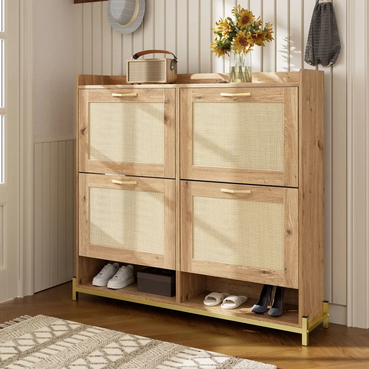 Schuhschrank aus MDF mit Metallgestell & oberer Ablage, 108,5x24x100 cm, Holzfarbe – Bild 3
