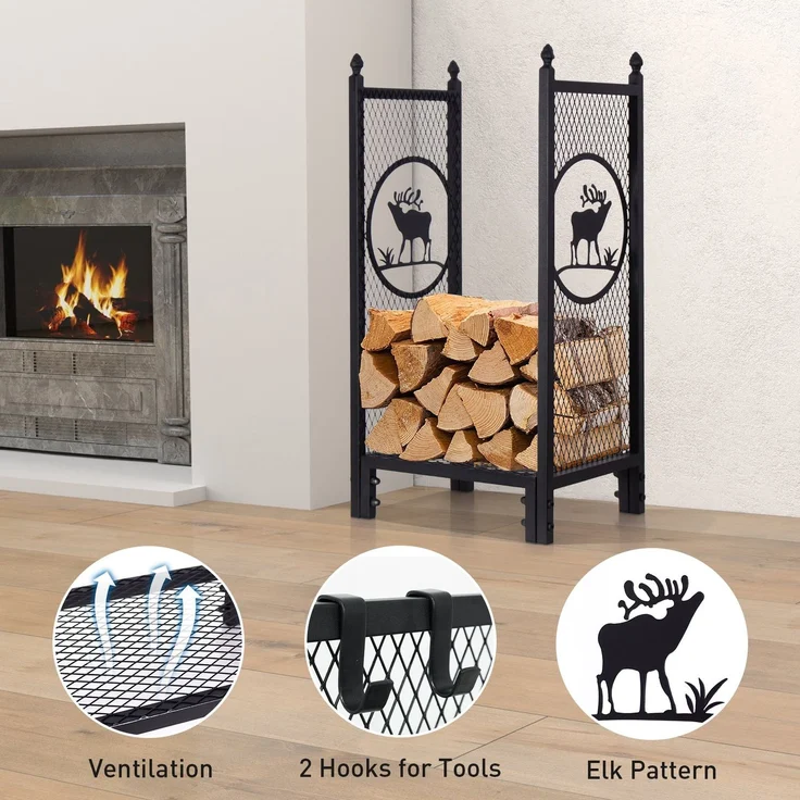 Todeco Kaminholzregal Metall 40x30x80 cm, Elch-Motiv Brennholzregal Kaminholzregal Stapelhilfe Innen und Aussen – Bild 5