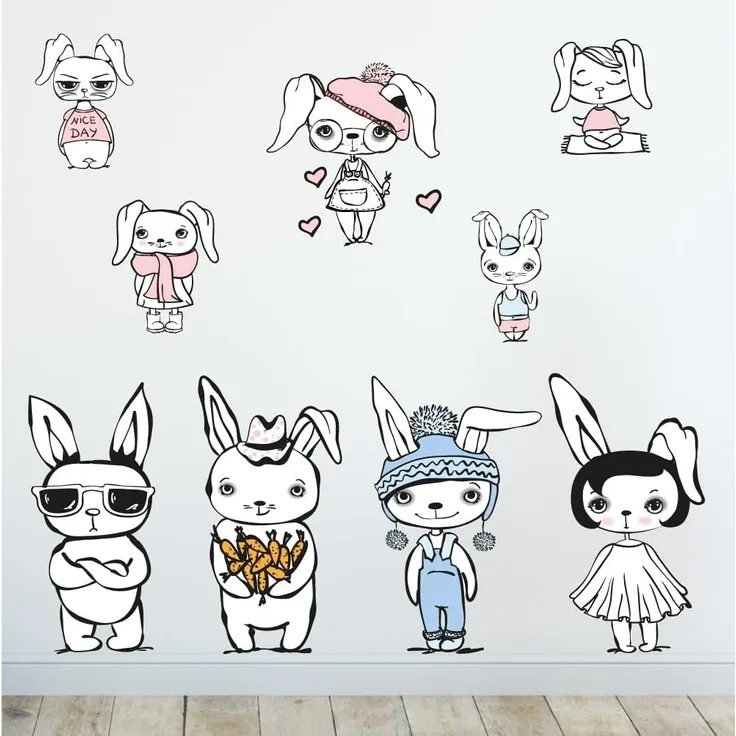 Sunnywall Wandtattoo Cool Rabbit - coole Hasen - Wandtattoo – Kinderzimmer Wandaufkleber (6 St), konturgeschnitten