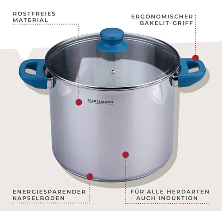 Fackelmann Suppentopf Essential, Ø 24 cm, 9L, Hochwertiger Edelstahl, ergonomische Bakelit-Griffe, für alle Herdarten geeignet, Blau – Bild 3