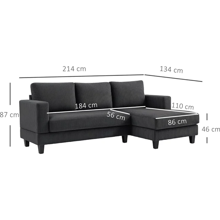 HOMCOM Ecksofa Sofa mit Chaiselongue Cord-Optik Hochdichtem Schaumstoff, bis 400 kg, L Form Couch 1 Teile, für Wohnzimmer, Schlafzimmer, 214 x 134 x 84 cm Dunkelgrau – Bild 3