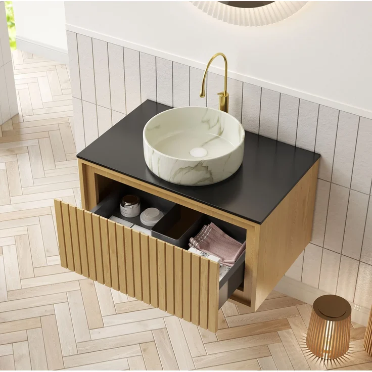 Hängender Waschtisch mit Keramik-Aufsatzbecken & Sintersteinplatte, 76x48x53,1 cm, Schwarz/Goldene Eiche/Steinweiß – Bild 2