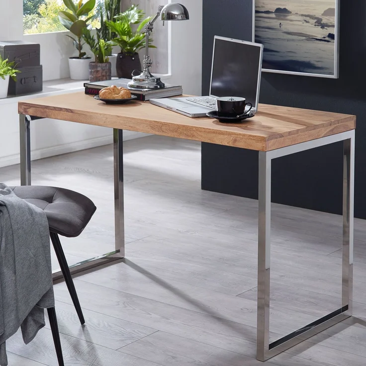 Wohnling Schreibtisch GUNA 120x60cm Akazie Massivholz Metallbeine Landhausstil Dunkelbraun – Bild 4