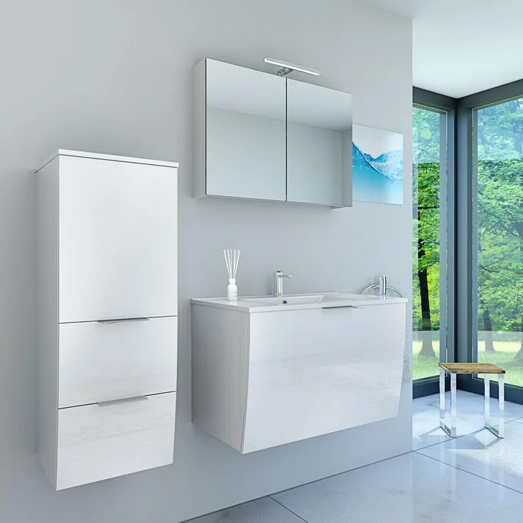 Badmöbel Set Gently 1 V2 L Weiß MDF Waschtisch 80cm ohne LED Beleuchtung
