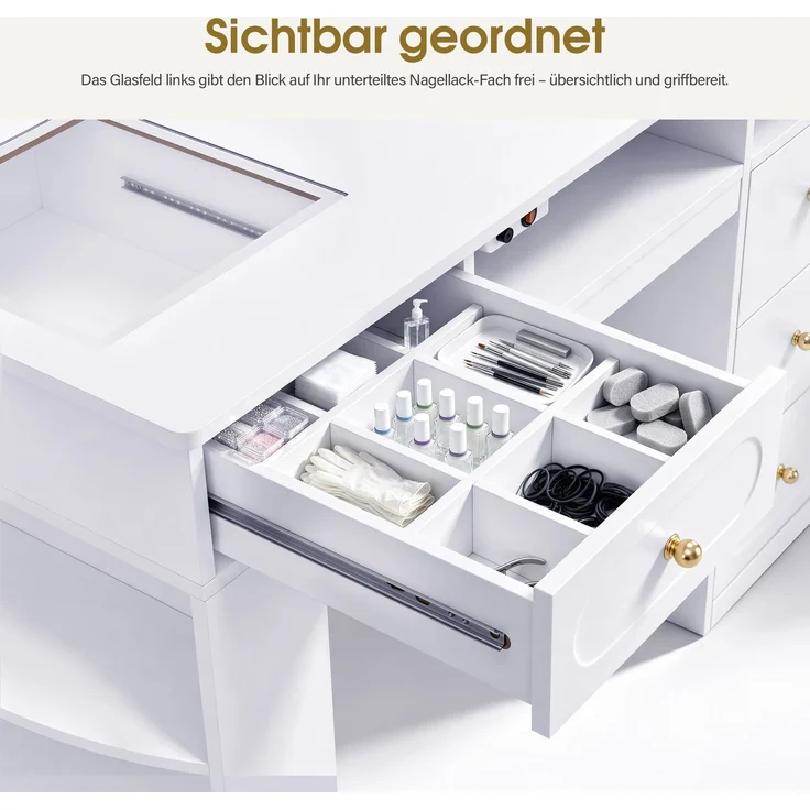 Barberpub Doppelnageltisch mit 5 Schubladen, 2 Regalen, 3 Ablagen & 2 Glasplatten, Manikürtisch mit 2 Absaugungen, Nagelfrisiertisch Holz, Schreibtisch für Nagelstudio Weiß, 2S-2442 – Bild 7