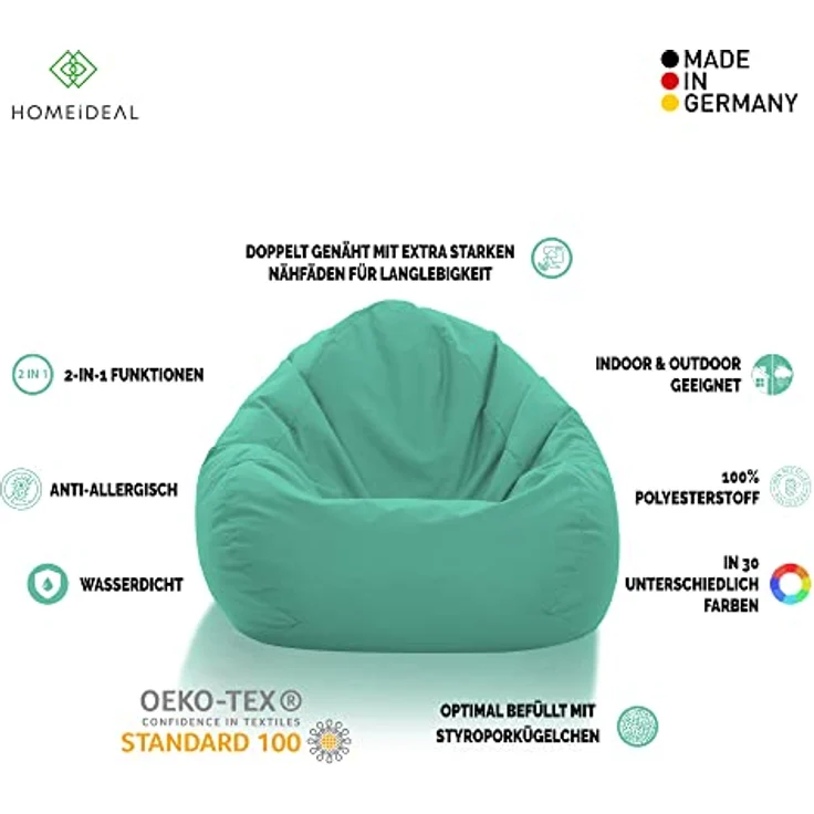 HomeIdeal - Sitzsack XXL Bodenkissen für Erwachsene & Kinder - Geeignet für Gaming oder Entspannen - Indoor wie Outdoor da er Wasserfest ist - mit EPS Perlen, Farbe:Pacificblau, Größe:XXXL – Bild 3