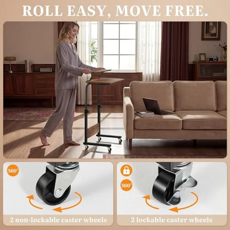 YITAHOME Beistelltisch Höhenverstellbar mit Rollen, Mobilfunk Laptoptisch, Tragbarer Home Office Schreibtisch mit Aufbewahrungsregal für Schlafzimmer, Stehpult Beistelltisch Rollen, Vintage-Braun – Bild 5