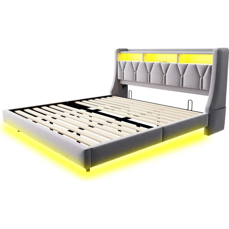 U-life Polsterbett 180x200 cm, fürs Schlafzimmer, klappbar, LED-Beleuchtung, Gepolstertes Kopfteil, Verbreiterte Bettbeine, Sperrholz, Hellgrau – Bild 9