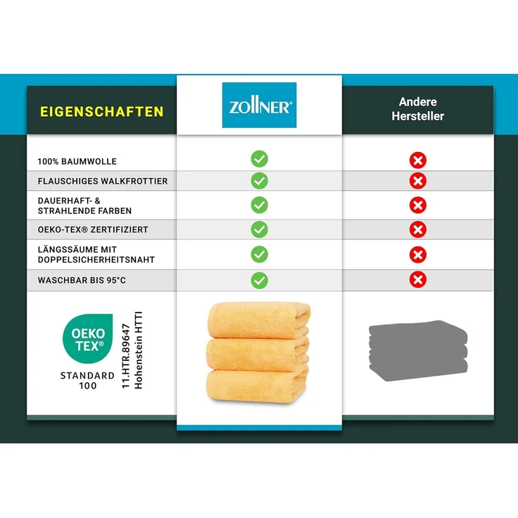 ZOLLNER Duschtücher 3er Set, gelb, 70x140 cm, 100% Baumwolle – Bild 6