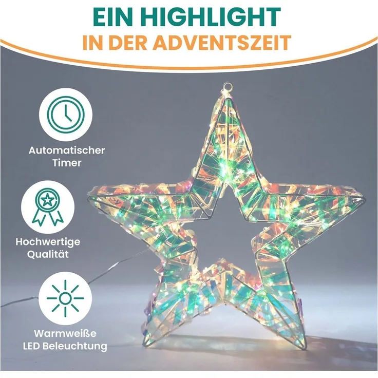 Gartenpirat LED-Lichterkette Stern 40x40cm/Tanne 63x46cm in Regenbogenfarben mit LED warmweiß Timer, Timer-und Schalter-Funktion: Schalter mit 3 Funktionen(ON/OFF/TIMER)