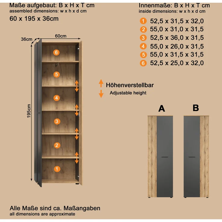 'Esteban' Garderobenschrank / Schuhschrank, Holz, grau und Eiche Evoke, 195 x 36 x 60 cm – Bild 8