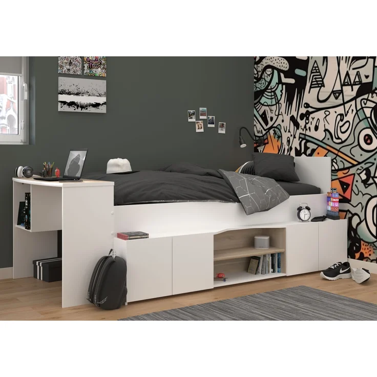 Hochbett >Cleo 1< Stauraum, Liegefl. 90x200, Weiss / Eiche Dekor - 241x116x90cm (LxBxH) – Bild 1