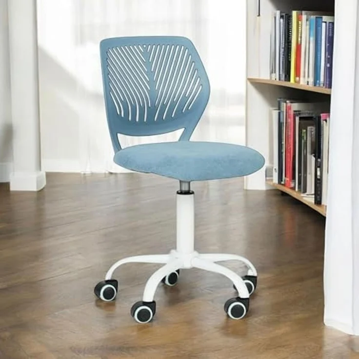 FurnitureR Blauer Schreibtischstuhl, modernes Design, robuster Kunststoff mit gepolstertem Komfortsitz, vielseitiger Gebrauch für Zuhause, Büro, platzsparend, mit Mobilitätsrollen, Geschenk für Kinder – Bild 6