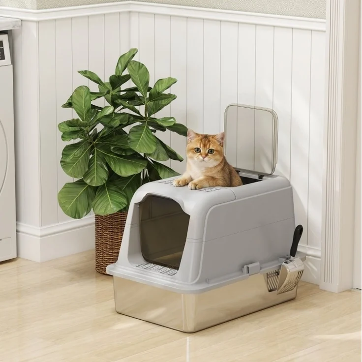 Katzentoilette aus Edelstahl mit Deckel & Doppel-Einstieg, 60,4x40,4x41,8 cm, Hellgrau – Bild 2