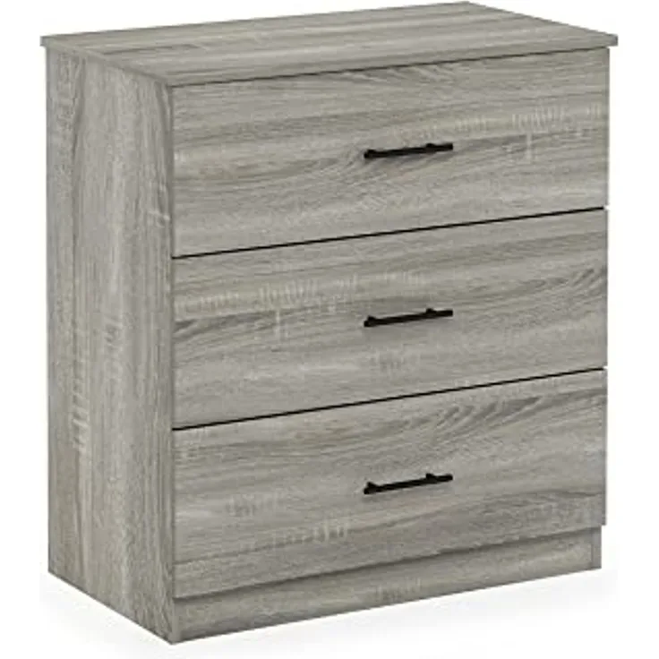 Furinno Tidur Schlichtes Design Kommode mit 3 Schubladen und Griff, Französische Eiche Grau