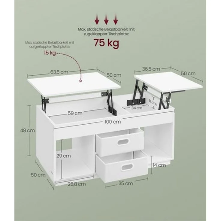 Vasagle Couchtisch, höhenverstellbarer Wohnzimmertisch, 2 Schubladen und versteckte Fächer, Kaffeetisch, offene Fächer, für Wohnzimmer, Homeoffice, schneeweiß – Bild 5