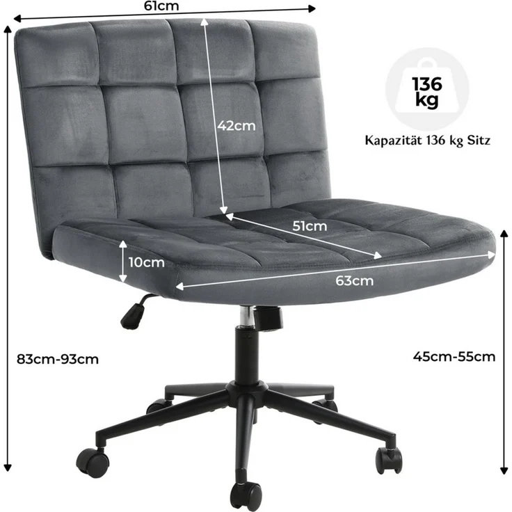TLGREEN Drehstuhl Drehbürostuhl aus Samt mit Rollen,ohne Armlehnen (360° drehbar, höhenverstellbar), Sitzkissen aus 10 cm hochelastischem Schaum, belastbar bis 136 kg – Bild 2