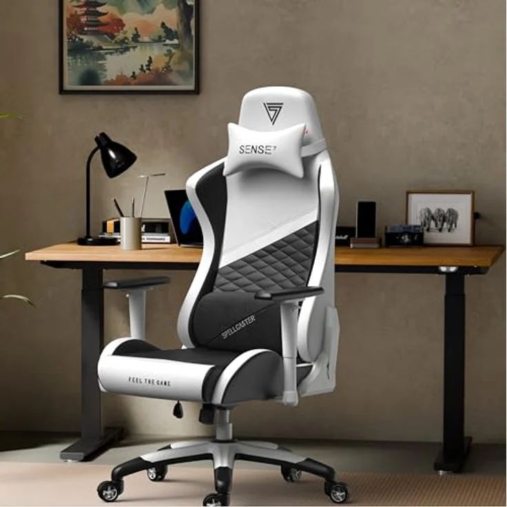 SENSE7 Gaming Stuhl Spellcaster Senshi Edition XL, ergonomischer Gaming Sessel, verstellbaren Lendenkissen Einstellbarer Neigungswinkel, Wippfunktion, PU-Leder Gaming Chair, 150kg, PC Stuhl Weiß – Bild 3