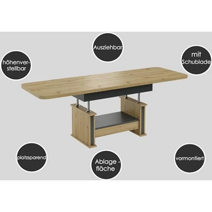 designimpex Couchtisch Design DA-555 Schublade höhenverstellbar ausziehbar Tisch abgerundet – Bild 5