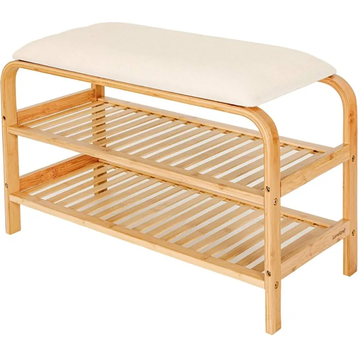 AD. CON Bambus Schuhregal, Schuhregal aus Bambus mit Sitzbank, Schuhbank mit Sitzkissen, Sitzbank 70x30x46 cm Beige
