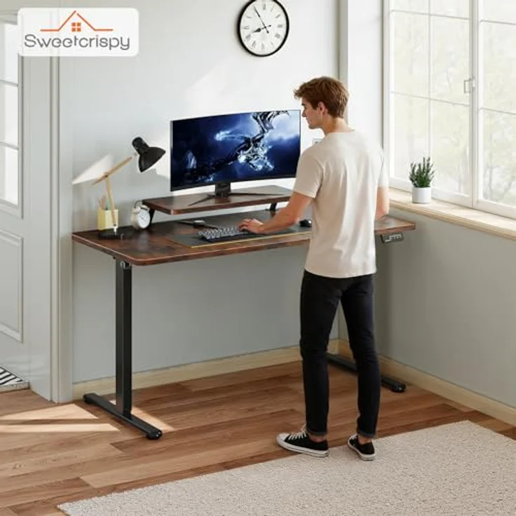 Sweetcrispy Höhenverstellbarer Schreibtisch mit Monitorständer, 120x60 cm Schreibtisch Höhenverstellbar Elektrisch, Ergonomischer Steh-Sitz Tisch, Computertisch Standing Desk, Vintagebraun – Bild 9