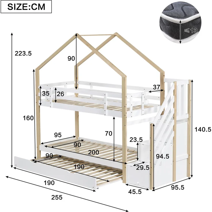 Etagenbett 90×200 cm mit Rausfallschutz & ausziehbarem Bett 90×190 cm, Natur/Weiß, ohne Matratze – Bild 5