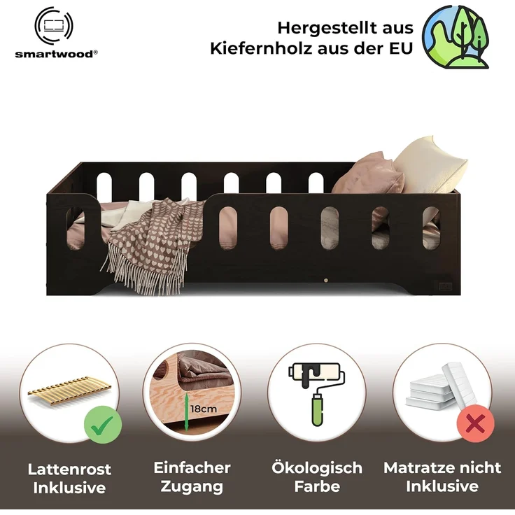 smartwood Kinderbett Bodenbett 120x200 mit Rausfallschutz & Lattenrost - Schwarz - Kinder Montessori Bett TILA 2L mit glatten Kanten - Betten für schnelle Montage - Bis 300 kg belastbar – Bild 3