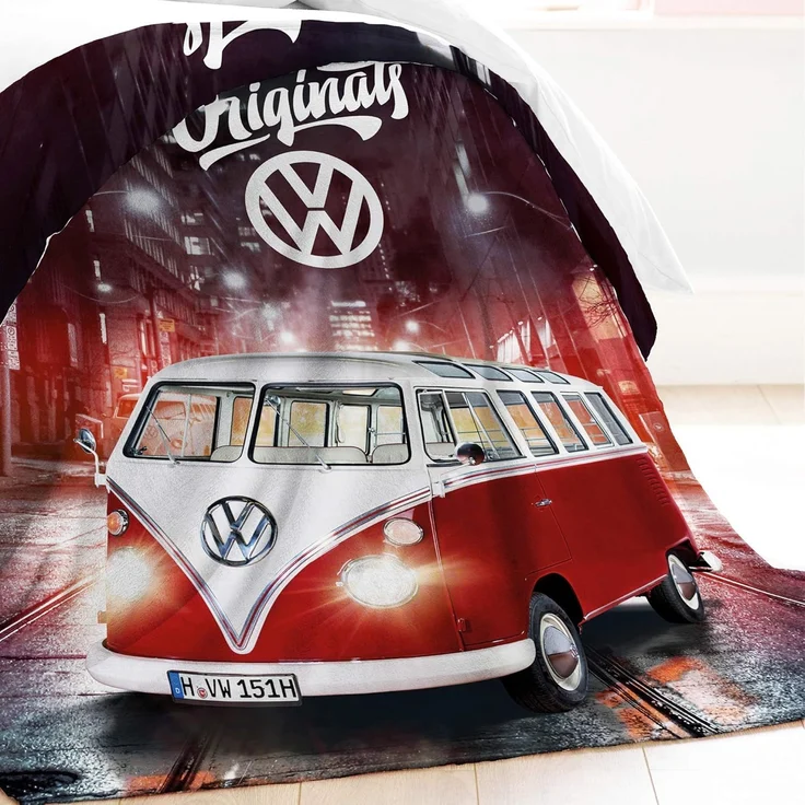 Wohndecke VW Volkswagen Bulli T1 Decke 087-B Rot 130x170 cm Kuscheldecke, BERONAGE, passend zur Bettwäsche, ideal für Sofa, Couch, Bett, Auto – Bild 2