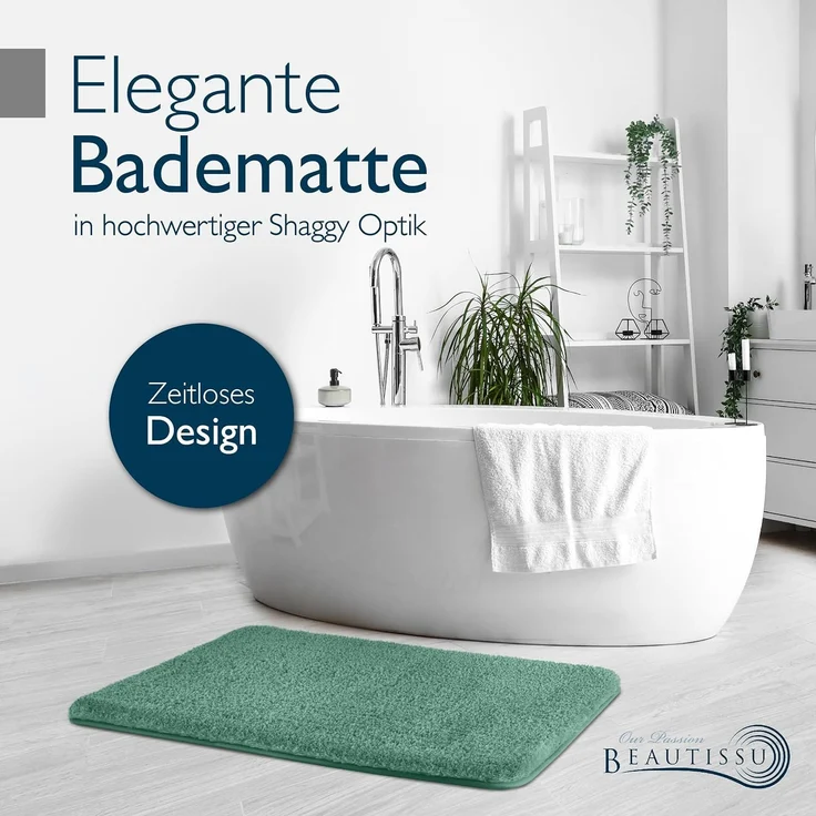 Beautissu Badematte rutschfest 120x70 cm – Duschvorleger Hochflor Badteppich rutschfest Waschbar Shaggy Optik – Flauschig Badvorleger Badezimmerteppich Groß – Badematte Mintgrün BeauMare FL – Bild 2