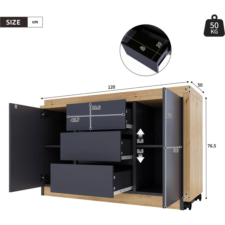 Flieks 360° Schreibtisch mit Sideboard, 120×50×76.5cm, Eckschreibtisch auf Rollen, Computertisch mit 3 Schubladen & 2 Türen, Grau/Eiche – Bild 3