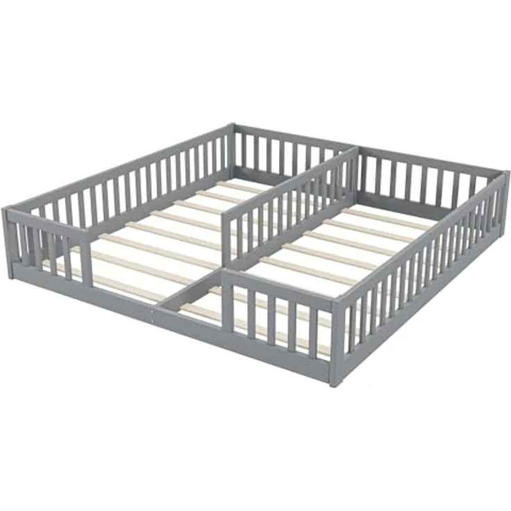 FAVSH Bodenbett 90x200 cm, Doppelbett mit Sicherheitsgitter & Lattenrost Stabiles Jugendbett, Holzbett Jugendbett aus Kiefer für Familien mit 2 Kindern, Kiefernholz, Minimalistischer Stil(Grau – Bild 4