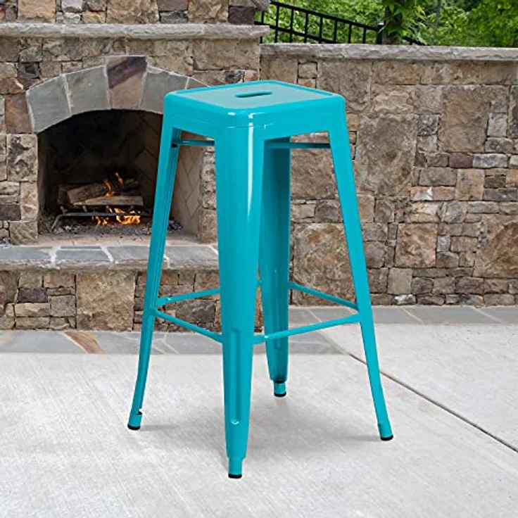 Flash Furniture Barhocker, kommerzielle Qualität, 76 cm hoch, ohne Rückenlehne, Metall, für Innen- und Außenbereich, quadratische Sitzfläche, Eisen, Kunststoff, Kristall-Türkisblau, 4 Stück – Bild 3