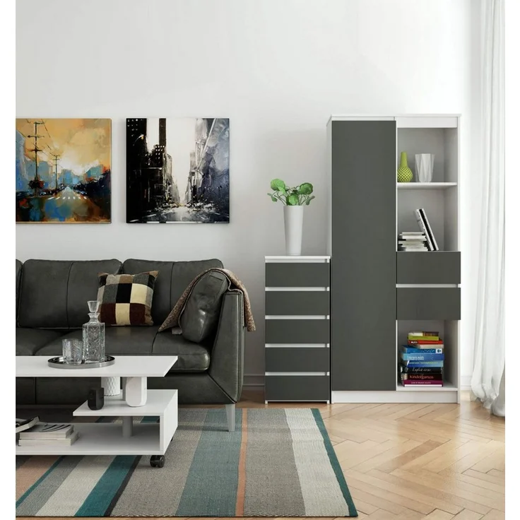 Home Collective Kommode 40 cm breit Holz Highboard Sideboard für Flur Schlafzimmer Wohnzimmer (Mehrzweckschrank Schrank schmal Kommode Schlafzimmer mit Schubladen), Kinderzimmer Organizer, 92 cm hoch mit 5 Schubladen weiß-grau – Bild 3