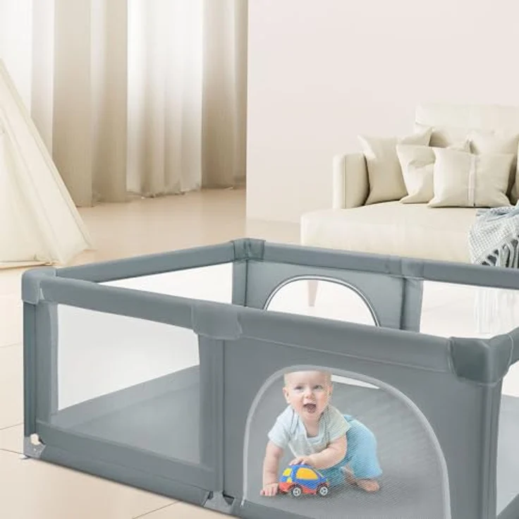Baby Laufstall, Laufgitter mit atmungsaktivem Netz und Reißverschluss, Krabbelgitter 2 Türen, Laufgitterzelt für Säuglinge und Kleinkinder-180 * 120 * 66 cm-dunkelgrau – Bild 6