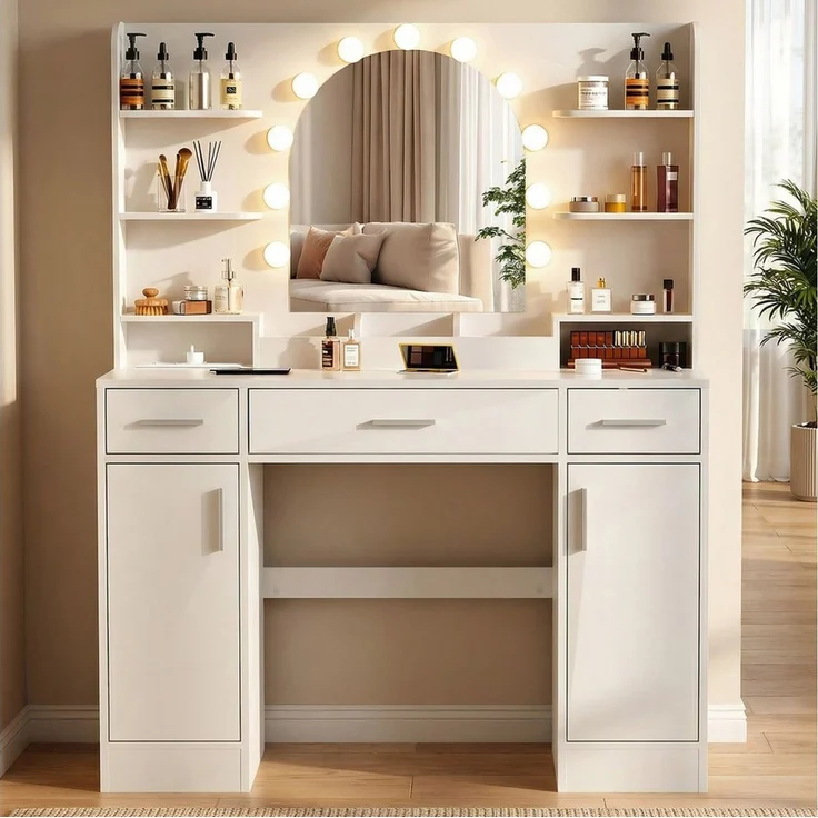 oyajia Schminktisch 110*40*140CM Frisiertisch mit 2 AC-Steckdosen, 1 USB-A und 1 USB-C (Frisiertisch weiß mit Spiegel), Mit LED-Beleuchtung, 3 Schubladen, 6 Fächer – Bild 5