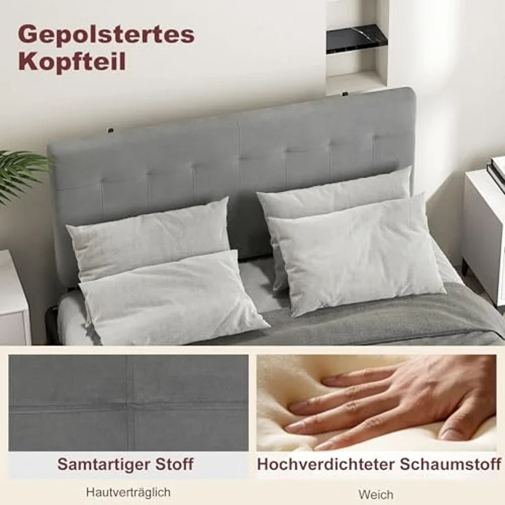 HOMCOM Kopfteil 3-Fach höhenverstellbar Bettkopfteil mit Metallbeinen gesteppt Polsterkopfteil mit Samtoptik für Schlafzimmer 140 x 10 x 106/116/126 cm Grau – Bild 4