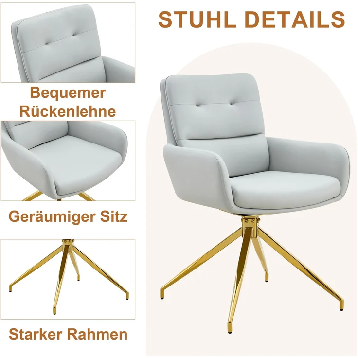 Esstischgruppe H 76 x T 85 x B 85 cm aus Glas und Metall mit 2 drehbaren Stühlen in Hellgrau – Bild 8
